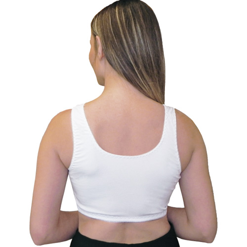 Rücken einer Frau mit weißen Spitzen-BH mit Vorderverschluss